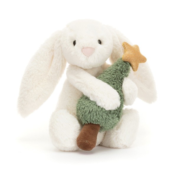 Jellycat Kuscheltier Hase mit Weihnachtsbaum "Bashful" - 18 cm (Weiß/Grün)