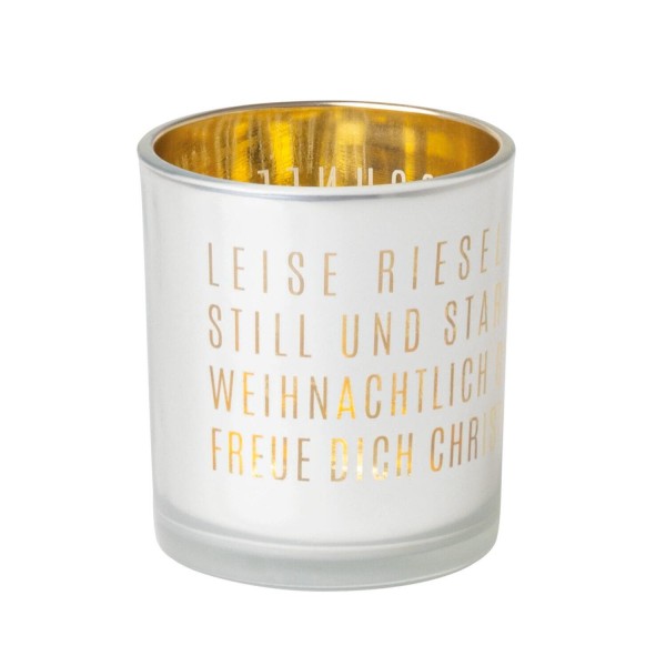 Windlicht "Winterzauber - Glanzlicht Leise rieselt .." (Weiß/Gold) von räder Design